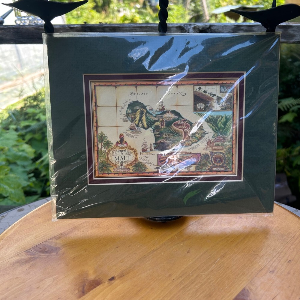Vintage Maui Hawaii Map Art Print 10x8 Green Matted Tropical Tiki Decor MCM